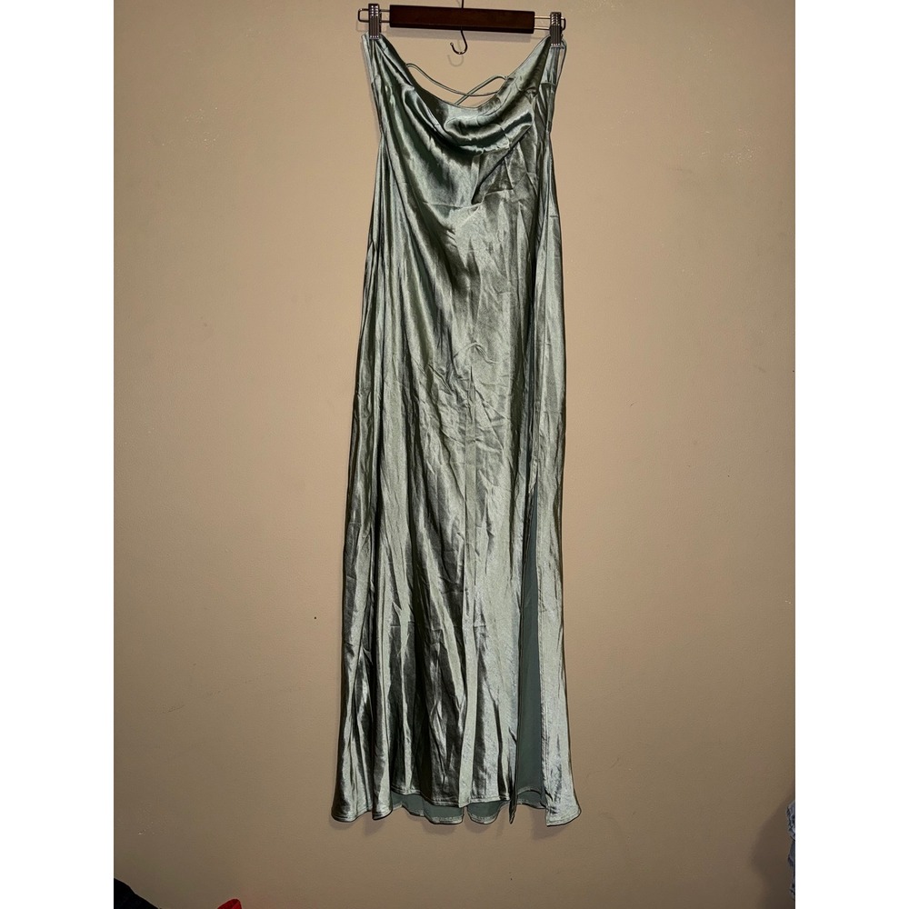 Saints & Secrets Sage Satin Cowl Neck‎ Lace Up Maxi Dress L Wedding Event Date